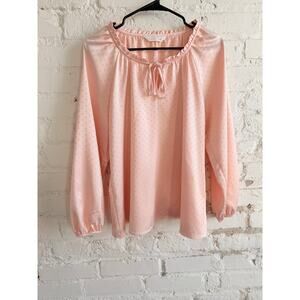 LC Lauren Conrad Peach Pink Swiss Dot Blouse Long Sleeve Tie Neck Size M